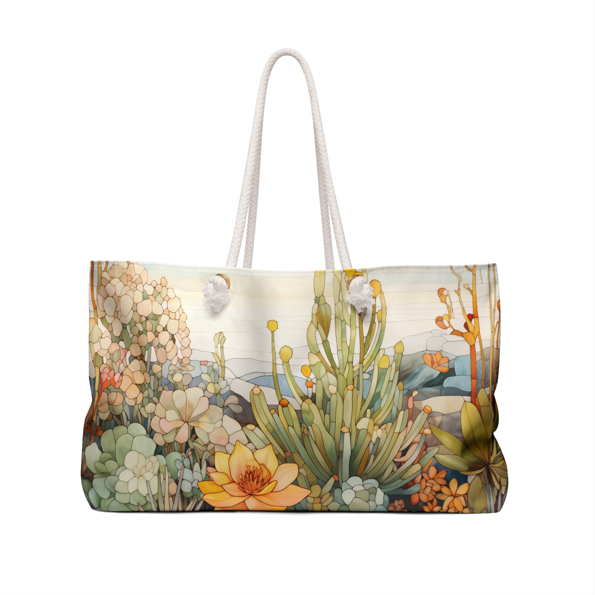 The Stained Glass Desert Cactus Oversized Tote Bag features a vibrant botanical design with green, orange, and yellow succulents and flowers. Thick white rope handles enhance its sturdy appeal.