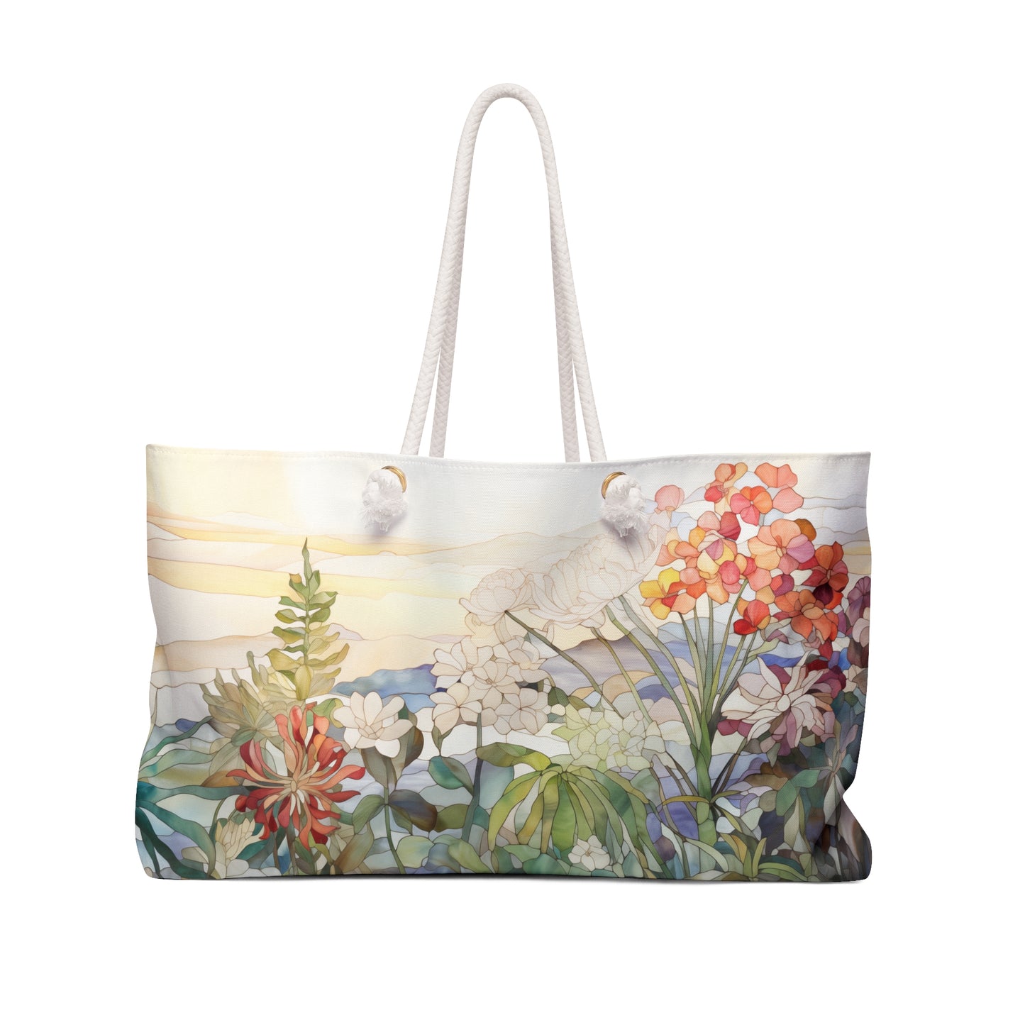 The Stained Glass Wildflowers Oversized Tote Bag features sturdy white rope handles and a vibrant floral design in red, orange, white, and green against a soft earthy-toned background.