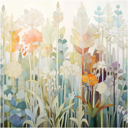 The Misty Botanical Giclee Art Prints feature diverse, translucent plants and flowers in soft pastels, creating a serene, layered effect akin to a misty garden. With tall leaves, delicate blossoms, and intricate patterns on a light background, its perfect for your décor.