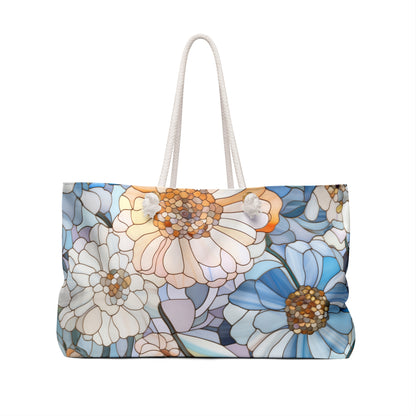 A picture of the Stained Glass Flowers Weekender Oversized Tote Bag from GlassyRock Arts. 