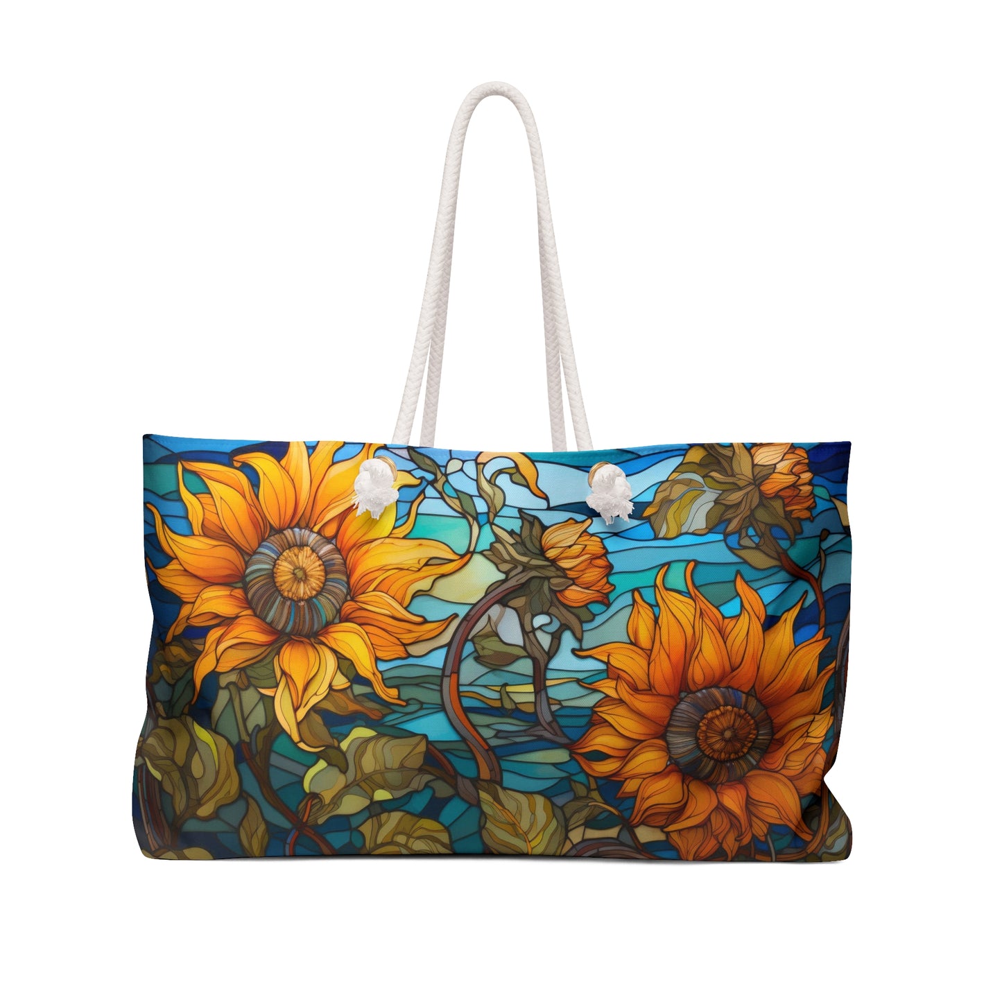 An image of the Stained Glass Sunflowers Oversized Tote Bag, Blue and Yellow,white rope handles, by GlassyRock Arts