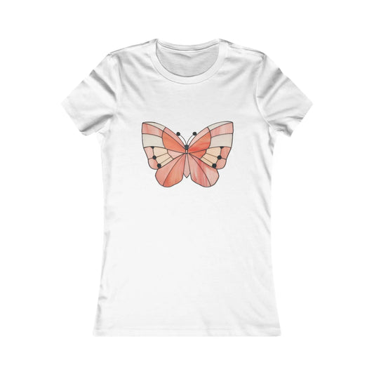 The Stained Glass Spring Butterfly Womens Tee Shirt features a comfortable design with a stylized butterfly motif reminiscent of stained glass. It showcases shades of pink and cream with black accents on the wings, centered on the front.