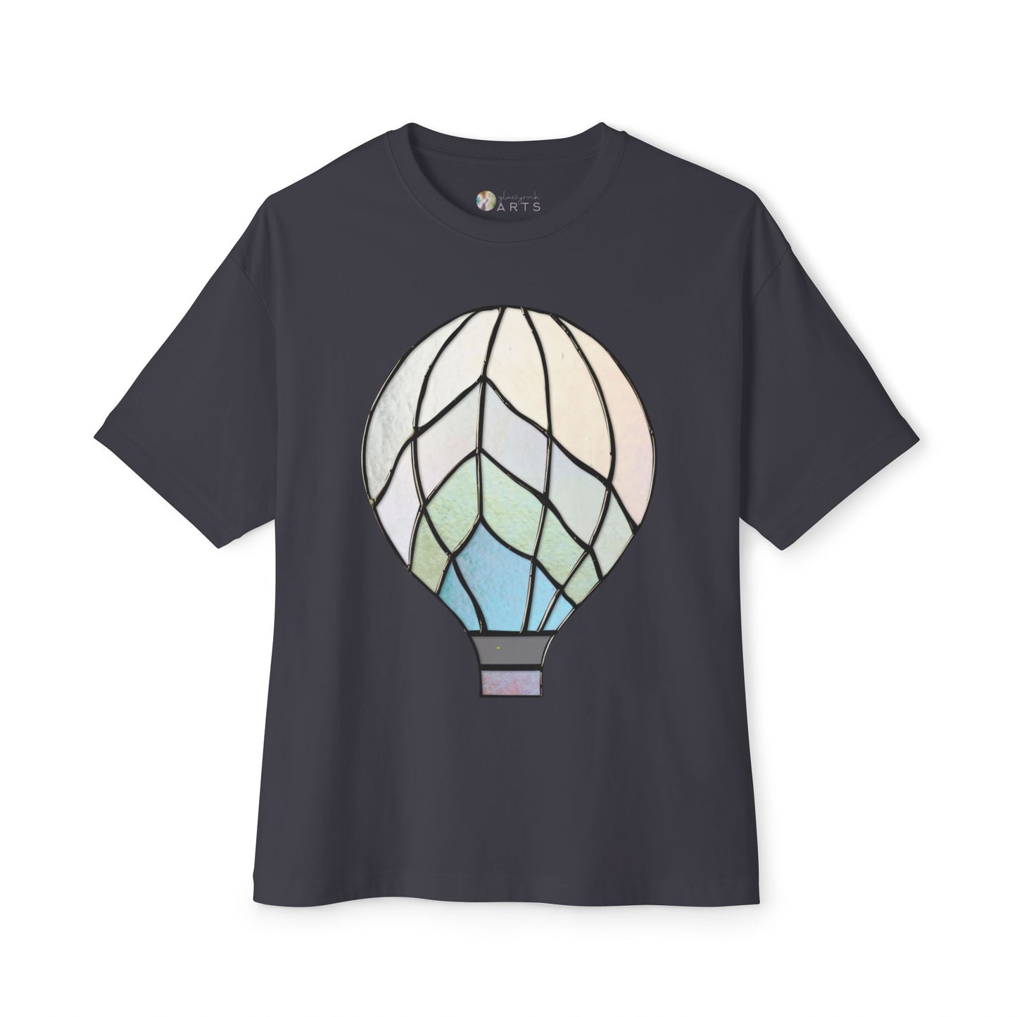 A Stained Glass Hot Air Balloon Oversized Tee Shirt by Bella+Canvas features a vibrant stained glass hot air balloon design on the front in black.