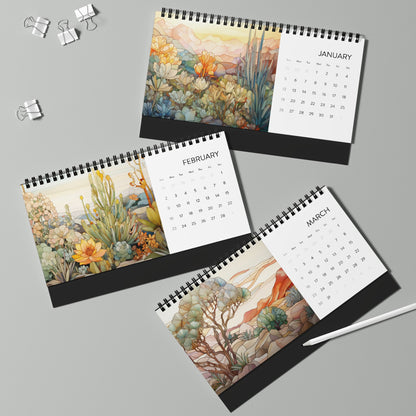 Three spiral-bound desk calendars for January, February, and March, featuring illustrations from the "2025 Desk Calendar - Desert Landscapes" series on high-quality paper stock, displayed on a surface with two binder clips and a pen.