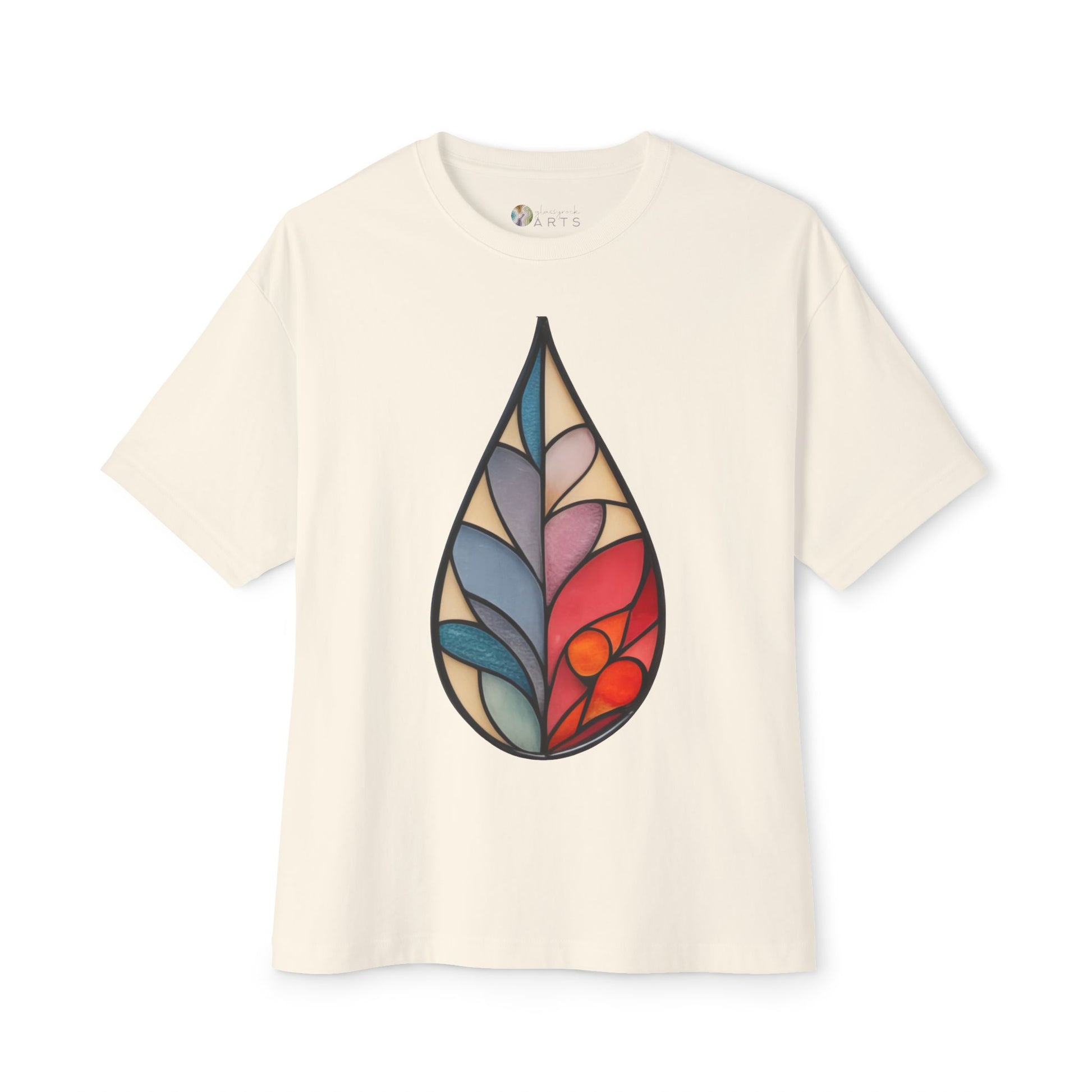 Stained Glass Botanical Raindrop Oversized Tee Shirt by Bella+Canvas, featuring a colorful, teardrop-shaped pattern reminiscent of stained glass.