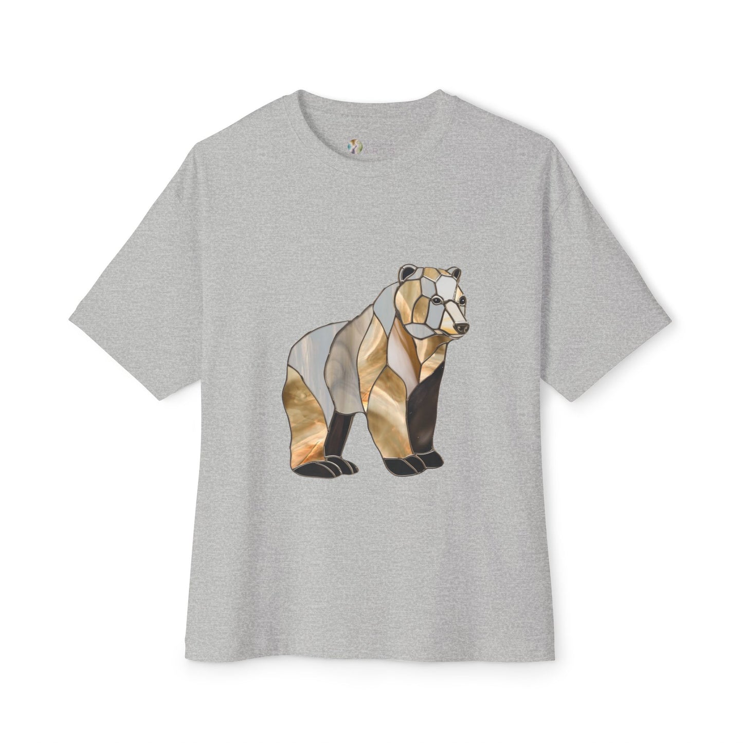 Introducing the Stained Glass Grizzly Bear Oversized Tee Shirt, a light gray, sustainable t-shirt showcasing a geometric bear design in shades of brown and beige, reminiscent of stained glass.