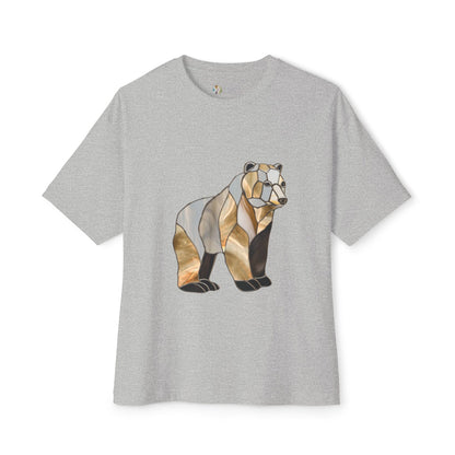 Introducing the Stained Glass Grizzly Bear Oversized Tee Shirt, a light gray, sustainable t-shirt showcasing a geometric bear design in shades of brown and beige, reminiscent of stained glass.