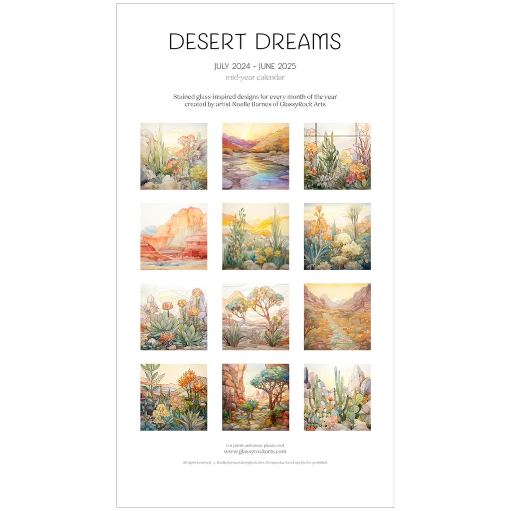 The 2025 Desert Landscapes Large Wall Calendar spans July 2024 to June 2025, featuring twelve vibrant stained glass desert scenes. Each month highlights intricate details of desert flora, reminiscent of botanical illustrations in an art calendar for 2025.