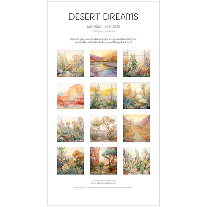 The 2025 Desert Landscapes Large Wall Calendar spans July 2024 to June 2025, featuring twelve vibrant stained glass desert scenes. Each month highlights intricate details of desert flora, reminiscent of botanical illustrations in an art calendar for 2025.