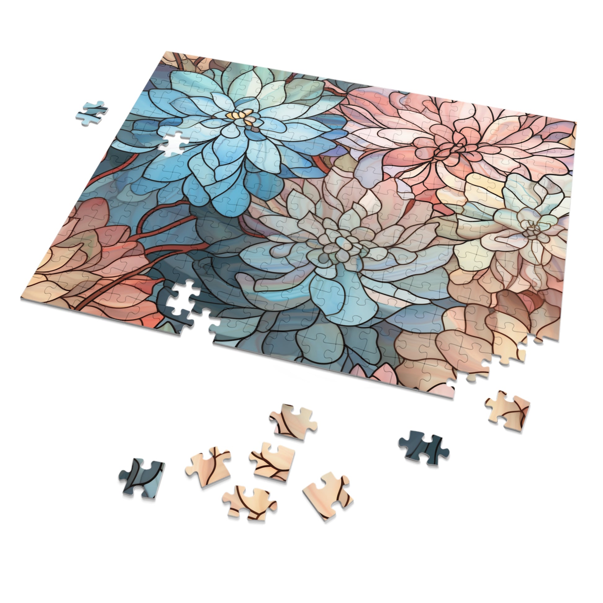 A picture of the Stained Glass Flowers Jigsaw Puzzle from GlassyRock Arts. 