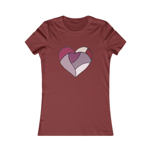 A red Stained Glass Heart Women's Tee Shirt features a multicolored heart design in shades of pink, purple, and beige on the chest. This comfortable T-shirt is crafted with sustainable manufacturing practices.