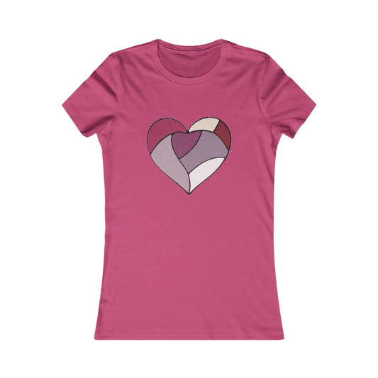 The sustainable Stained Glass Heart Womens Tee features a pink heart graphic with geometric shapes in purple, lilac, white, and maroon at the center.