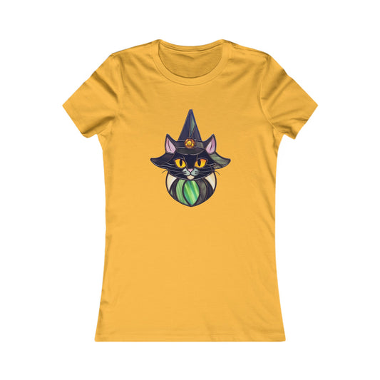 A comfortable women's tee shirt in yellow, featuring a stained glass design of a black cat wearing a green necklace and a pointy hat, named the "Stained Glass Cat Witch Women's Tee Shirt.