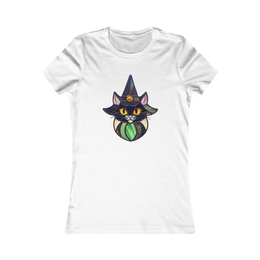 Stained Glass Cat Witch Womens Tee Shirt showcases a custom-made white T-shirt with a stylized design: a centrally positioned black cat wearing a witch hat, accented by green details and an orange pumpkin. The cats bright eyes enhance its allure.