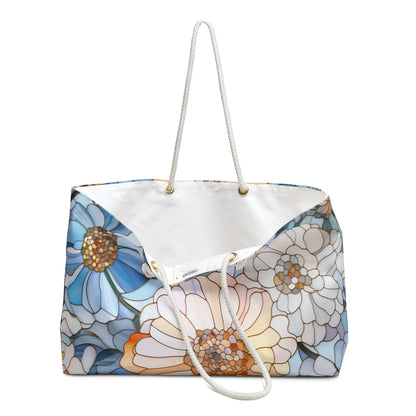 A picture of the Stained Glass Flowers Weekender Oversized Tote Bag from GlassyRock Arts. 