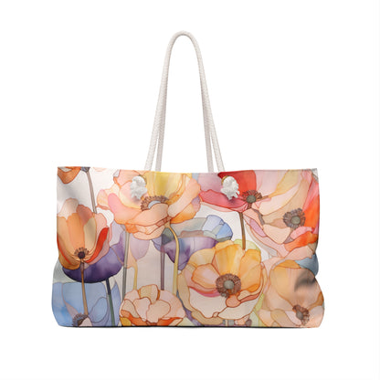 An image of the Stained Glass Rainbow Poppies Oversized Tote Bag,white rope handles, by GlassyRock Arts