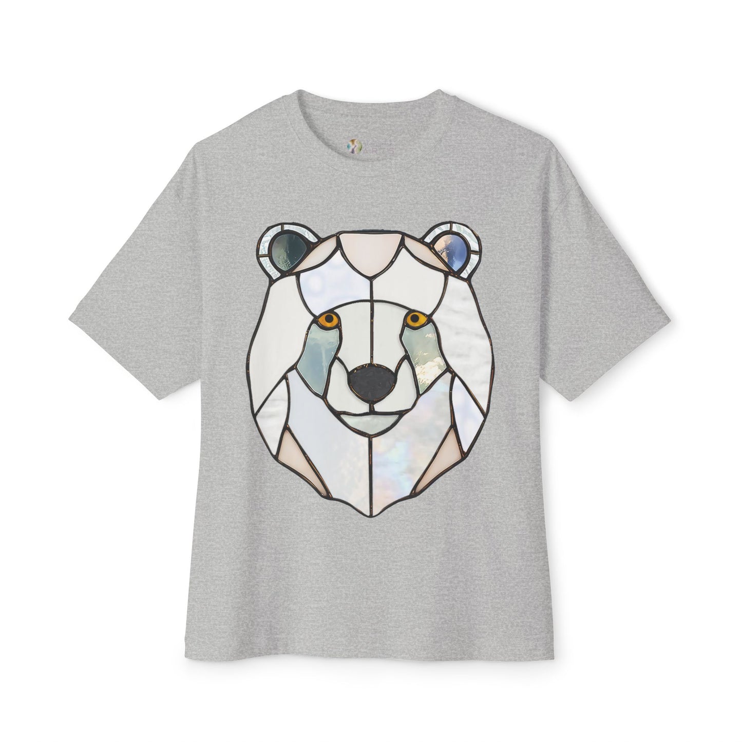 The Stained Glass Polar Bear Oversized Tee Shirt by Bella+Canvas features a stylized bear face resembling stained glass art, perfect for those who appreciate sustainable fashion.