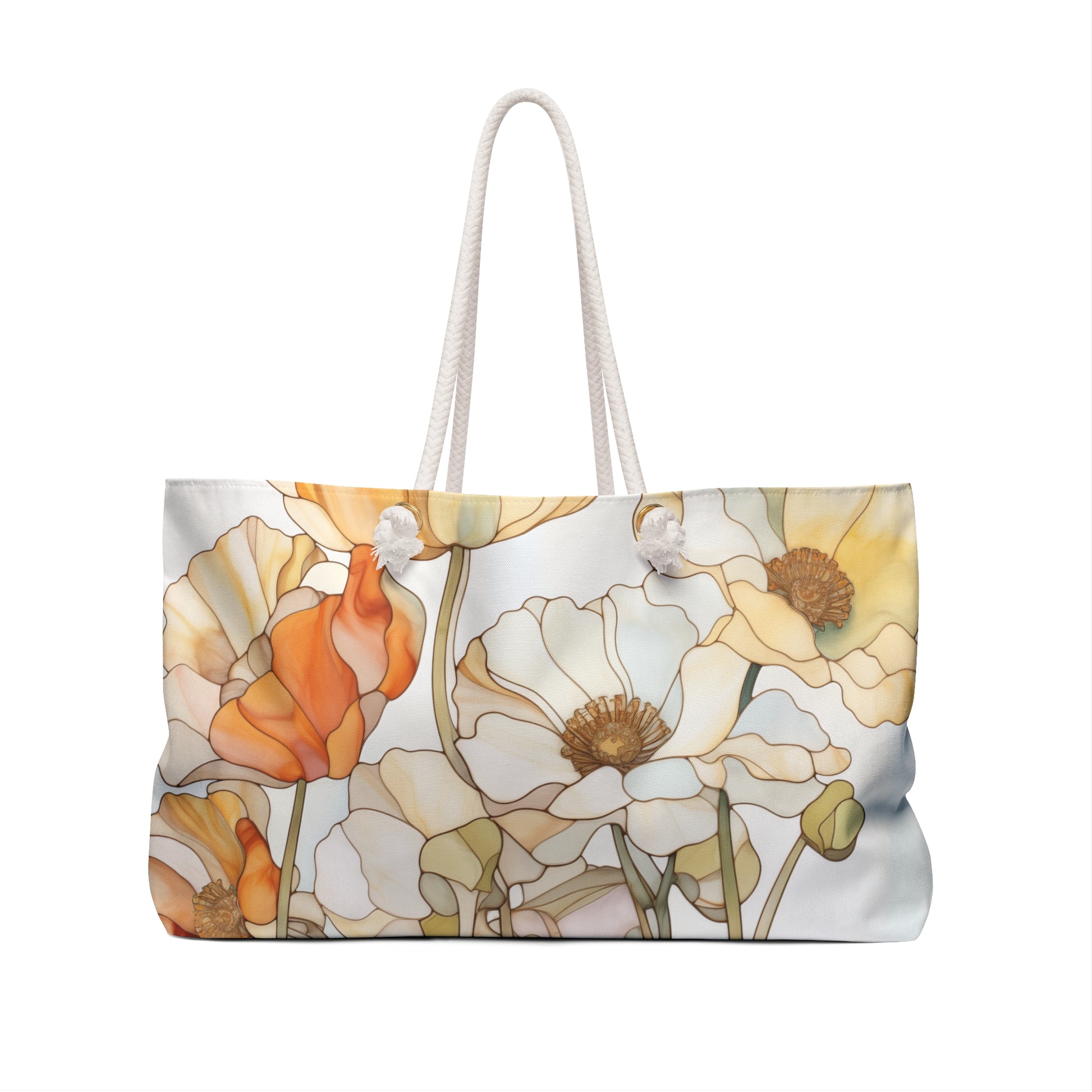 The Stained Glass Poppy Flowers Oversized Tote Bag features a floral design with delicate white, orange, and yellow blooms. Thick white rope handles contrast sharply with the softly colored petals.