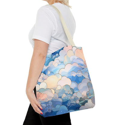 A person carries the durable Stained Glass Clouds Tote Bag in blue, featuring a colorful abstract cloud design with shades of blue, pink, and cream. The groovy pattern complements their white T-shirt and black pants perfectly.