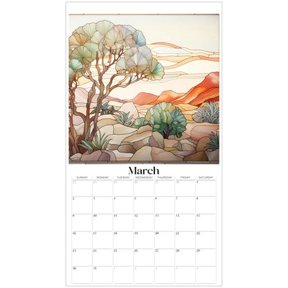 The March page of the 2025 Desert Landscapes Large Wall Calendar features a vibrant desert landscape with botanical illustrations of cacti and shrubs. The scene, reminiscent of stained glass, includes stylized mountains and a colorful sky above the calendar grid.