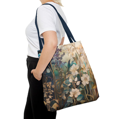 A person in a white shirt and black pants holds the Stained Glass Midnight Flowers Tote Bag, featuring a durable polyester build with white and blue floral designs, showcased against a plain background from the side.