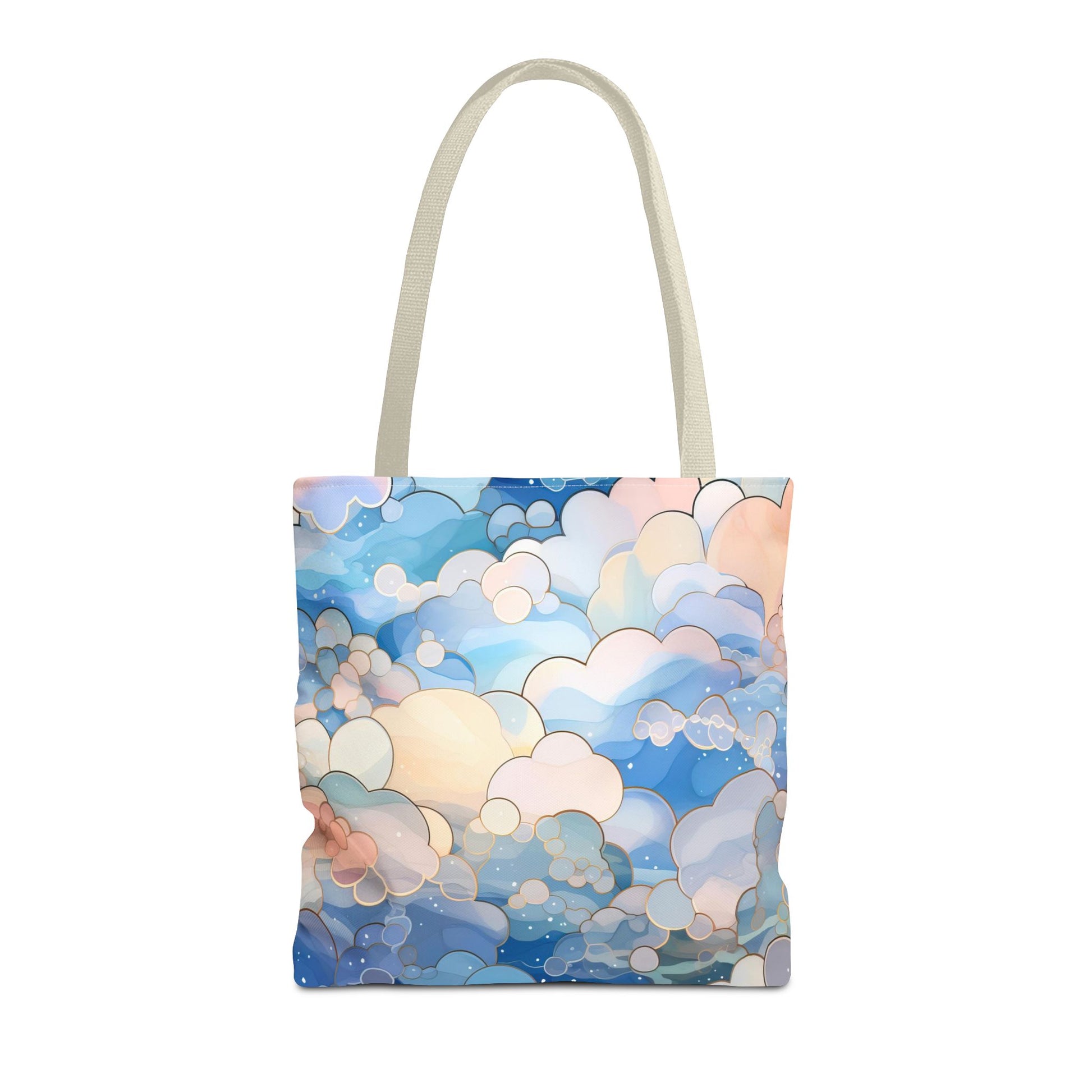 The Stained Glass Clouds Tote Bag features a pastel abstract cloud pattern in blue, peach, and white, with overlapping circular shapes for a dreamy look. Made from durable polyester with light beige handles, its perfect for everyday use and available in three sizes.