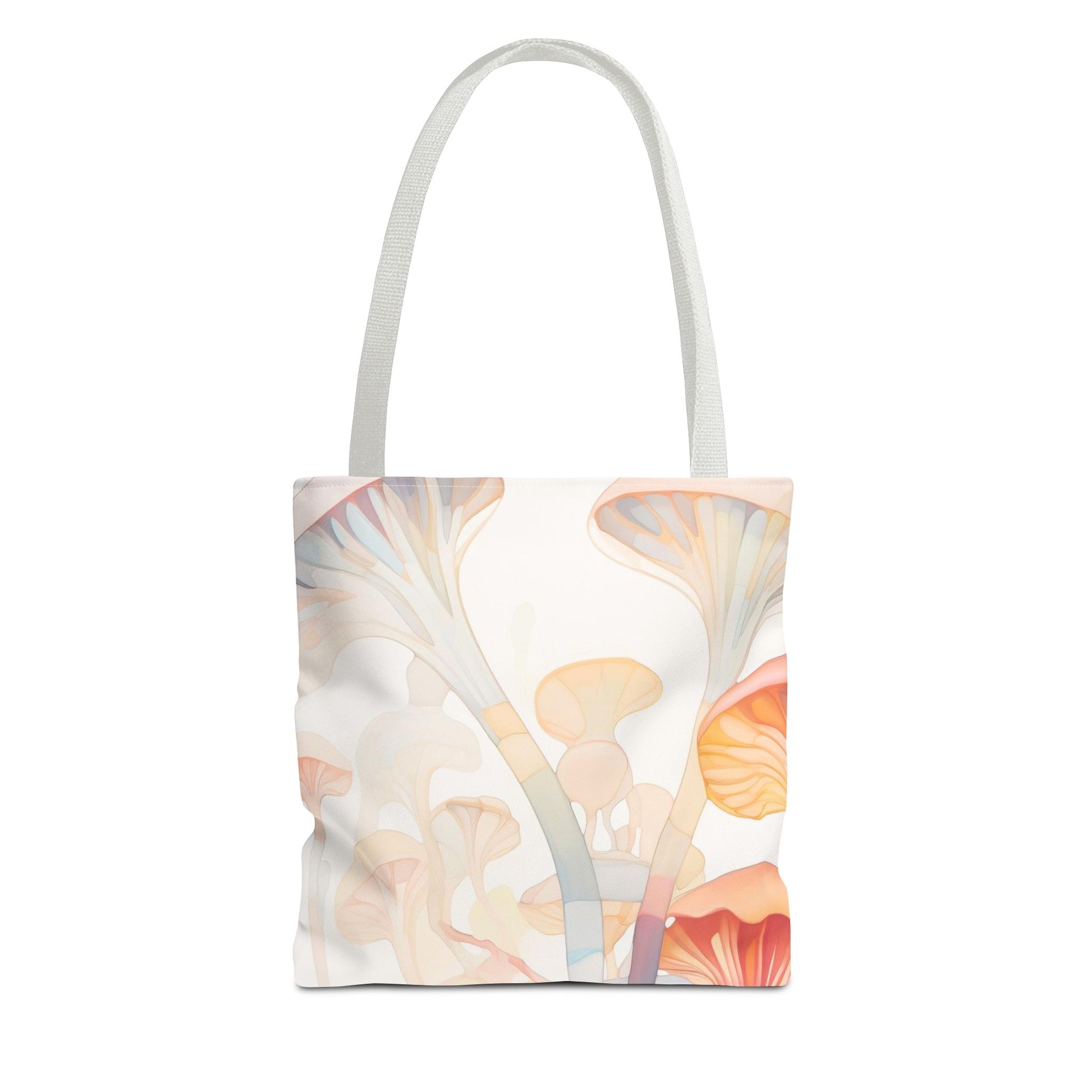 The Groovy Rainbow Mushrooms Stained Glass Tote Bag, available in three sizes, is made from durable polyester and features an abstract design of pastel orange, peach, and cream mushrooms on white. It has two sturdy white handles for easy carrying.