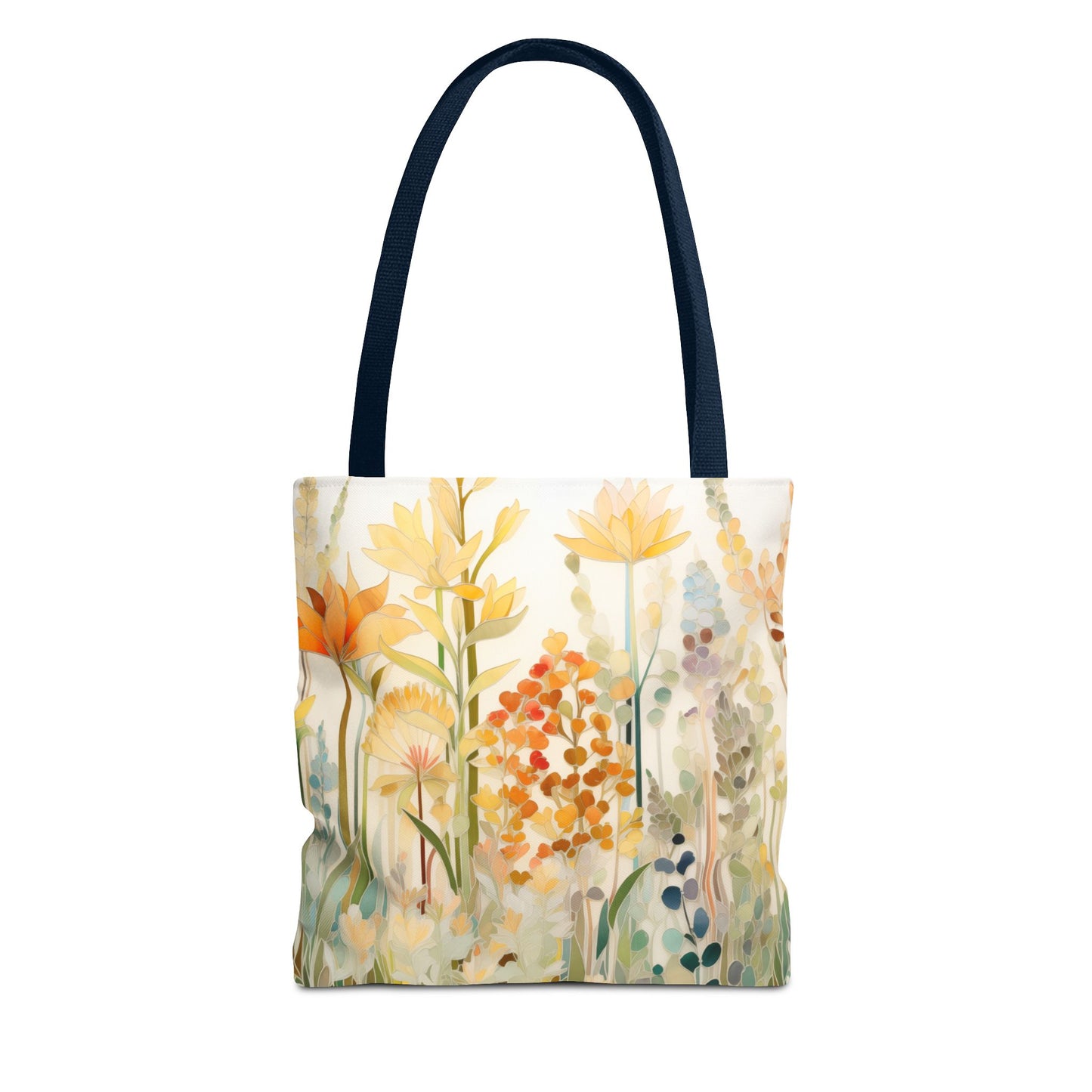 Introducing the Stained Glass Fall Flowers Tote Bag, available in three sizes. This tote bag features black handles and showcases an original artist design of a colorful floral pattern in shades of yellow, orange, and green on a light background. Crafted from durable polyester materials.