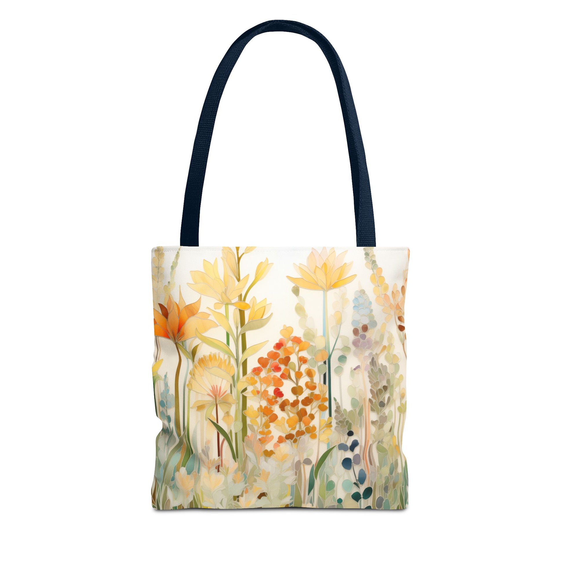 The Stained Glass Fall Flowers Tote Bag showcases abstract flower patterns in shades of yellow, orange, and green reminiscent of stained glass. Made from durable polyester, it features dark-colored handles for a striking contrast and is available in three sizes.