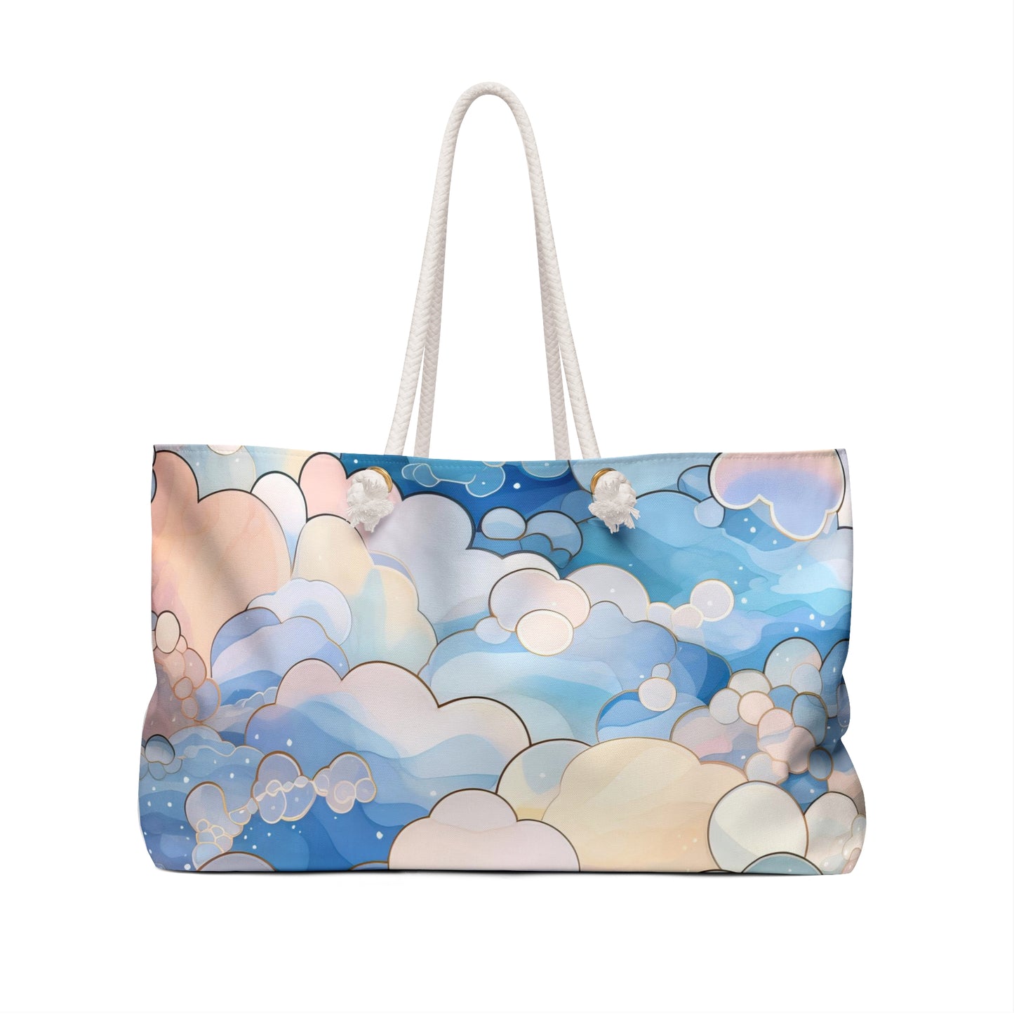 The Stained Glass Clouds Oversized Tote Bag, Blue, features abstract blue, white, and beige cloud designs with a bubble pattern. It has sturdy rope handles attached via metal grommets, making it a perfect gift for art lovers.