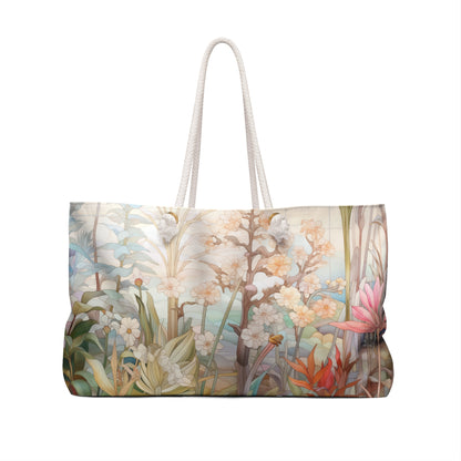 An image of the Stained Glass Floral Garden Oversized Tote Bag,white rope handles, by GlassyRock Arts