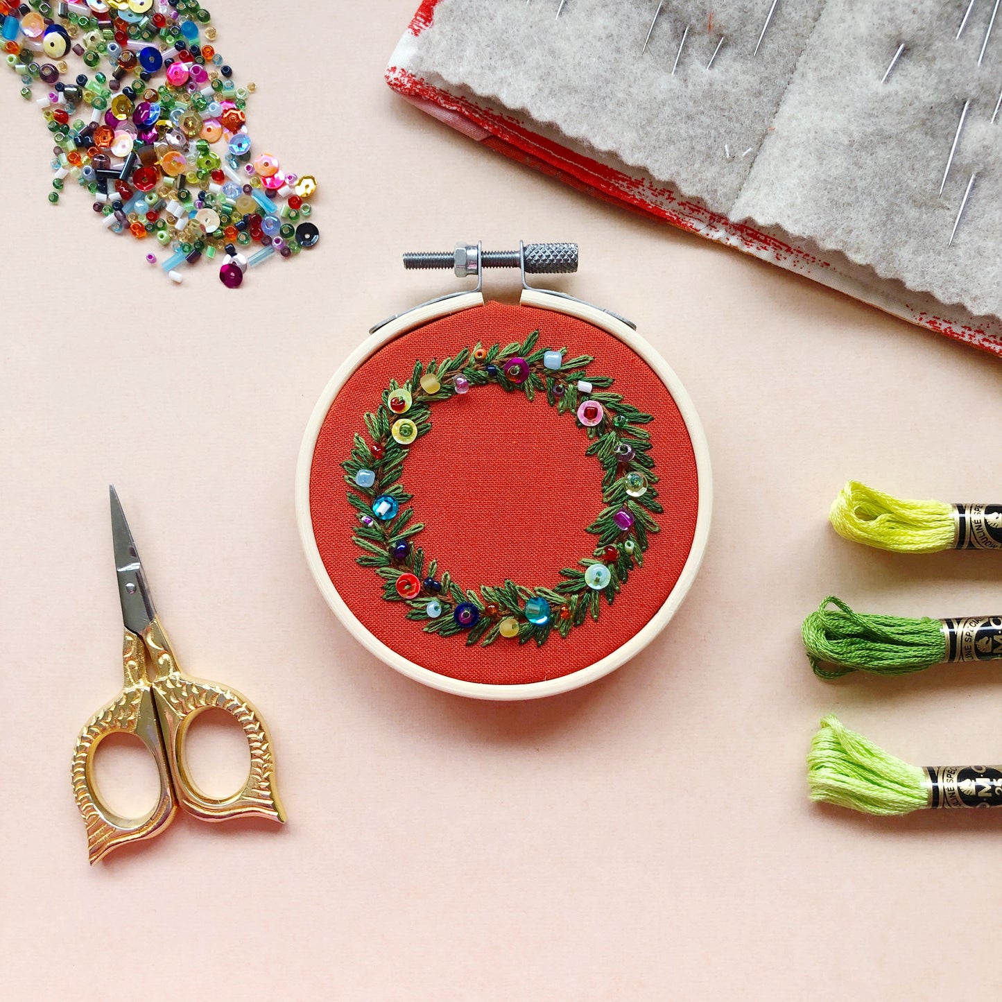 Holiday Wreath Ornament- Bead Embroidery Kit for Beginners