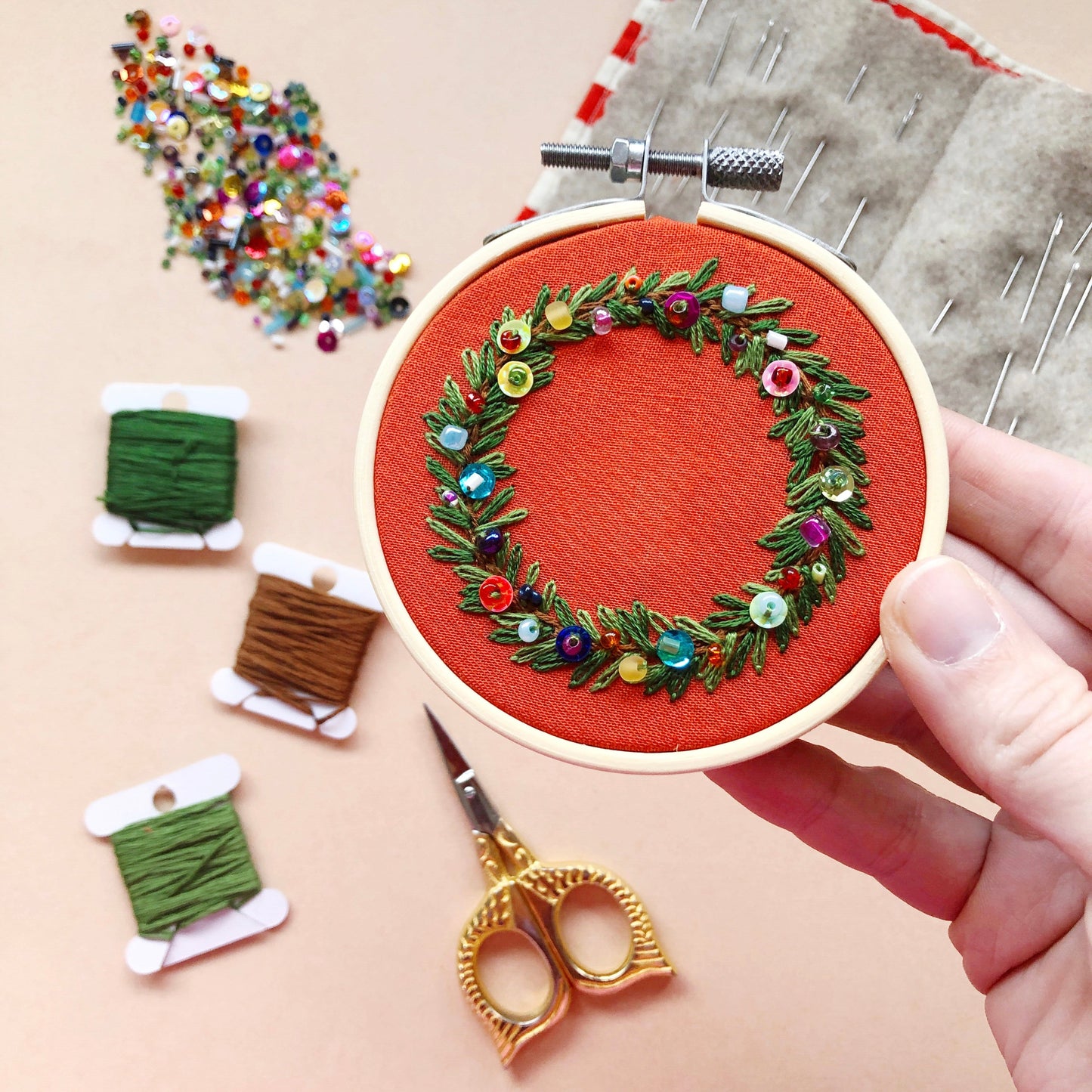 Holiday Wreath Ornament- Bead Embroidery Kit for Beginners