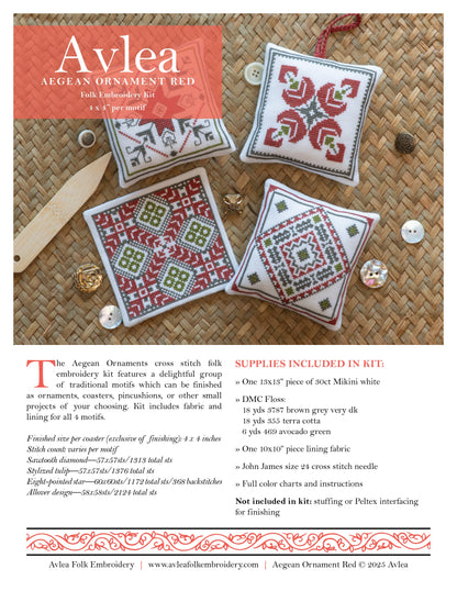 Aegean Ornaments Red cross stitch folk embroidery kit - Kit from Avlea Folk Embroidery