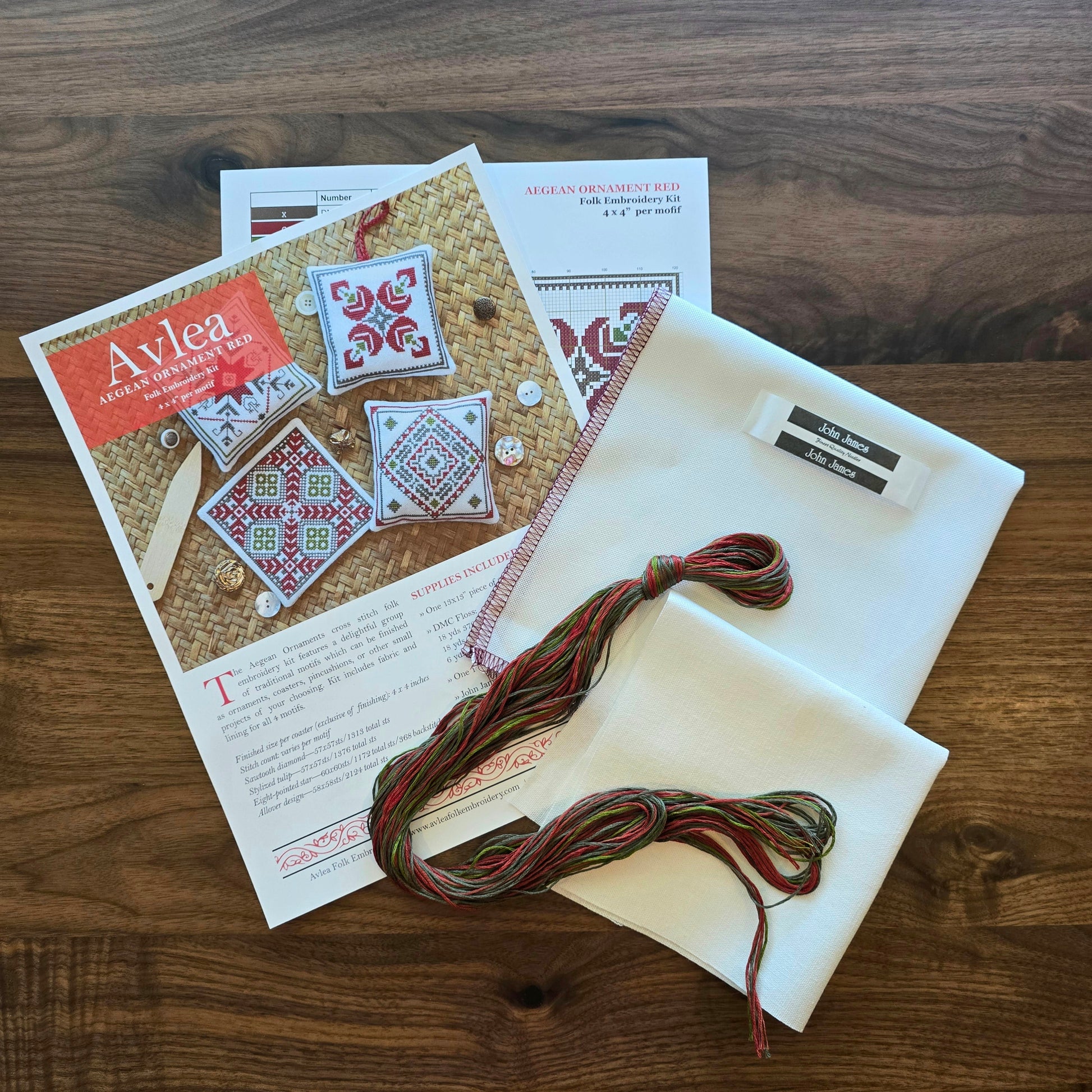 Aegean Ornaments Red cross stitch folk embroidery kit - Kit from Avlea Folk Embroidery