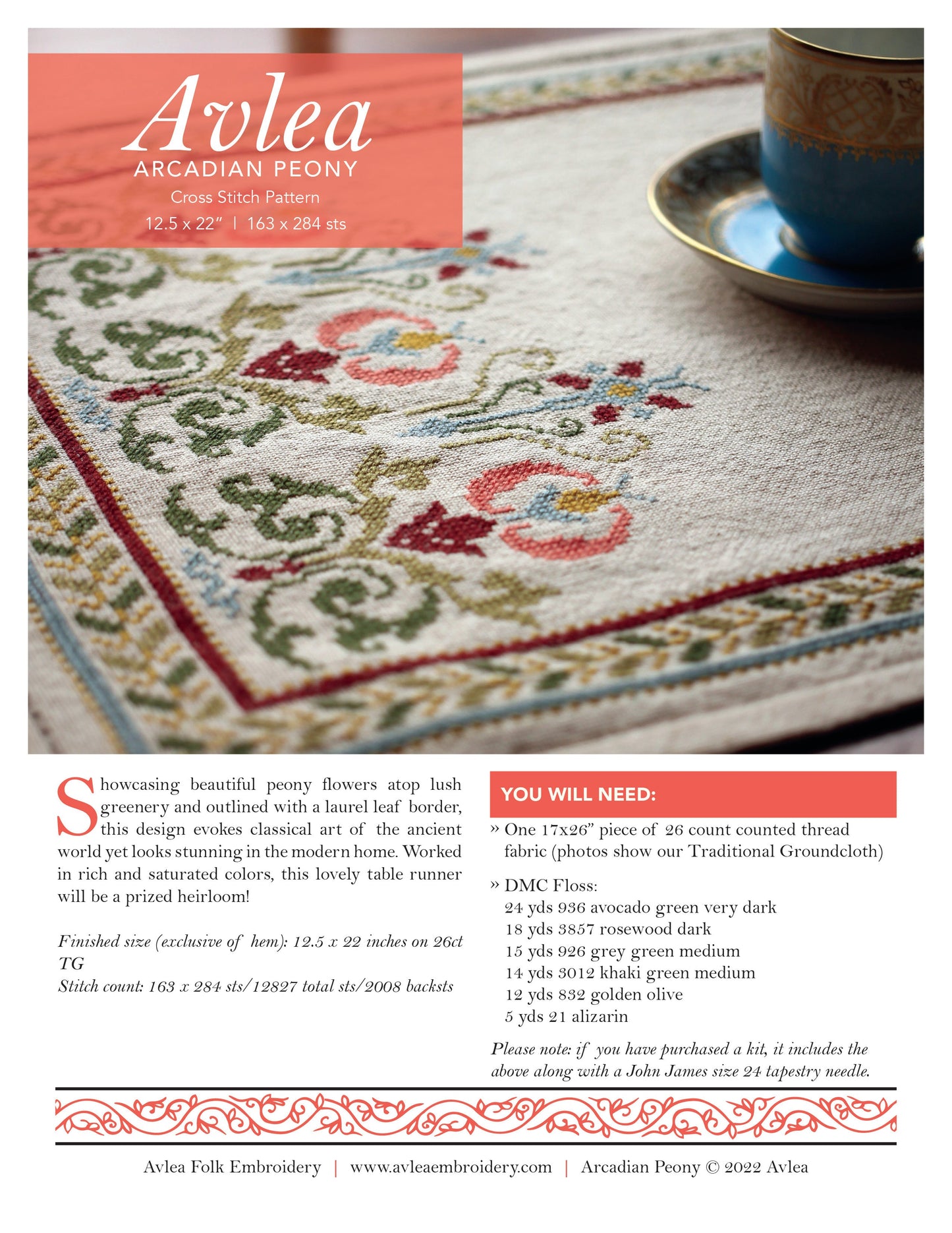 Arcadian Peony cross stitch folk embroidery kit - Kit from Avlea Folk Embroidery