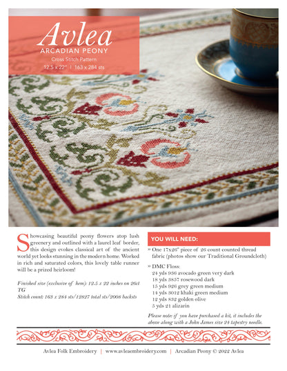 Arcadian Peony cross stitch folk embroidery kit - Kit from Avlea Folk Embroidery