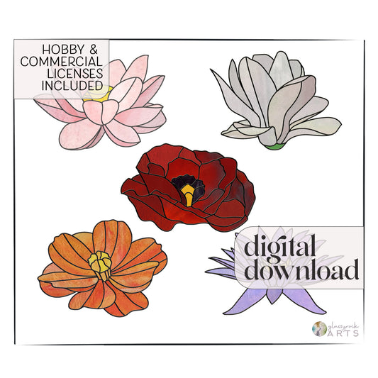 The Large Flowers Stained Glass Pattern Pack features five stunning floral designs: pink lotus, red poppy, orange dahlia, white magnolia, and purple water lily. Includes hobby & commercial licenses and a digital download for creating vibrant digital patterns and stained glass projects.