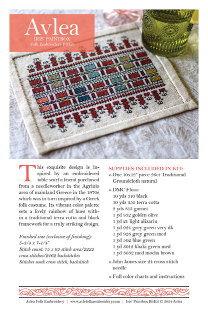 BitKit Iris' Paintbox cross stitch folk embroidery kit