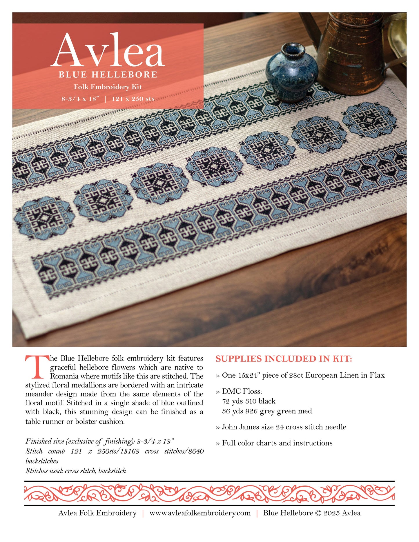 Blue Hellebore cross stitch folk embroidery kit