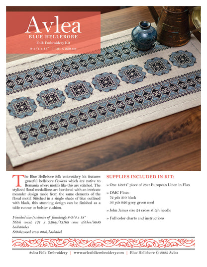 Blue Hellebore cross stitch folk embroidery kit