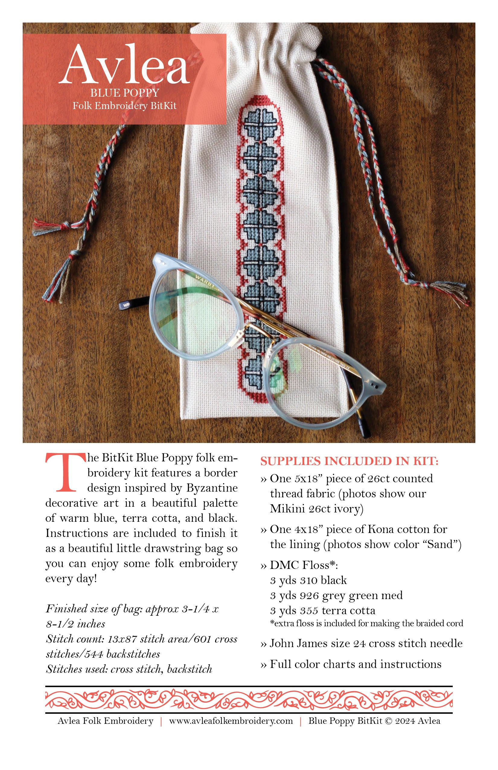 BitKit Blue Poppy cross stitch folk embroidery kit - Kit from Avlea Folk Embroidery