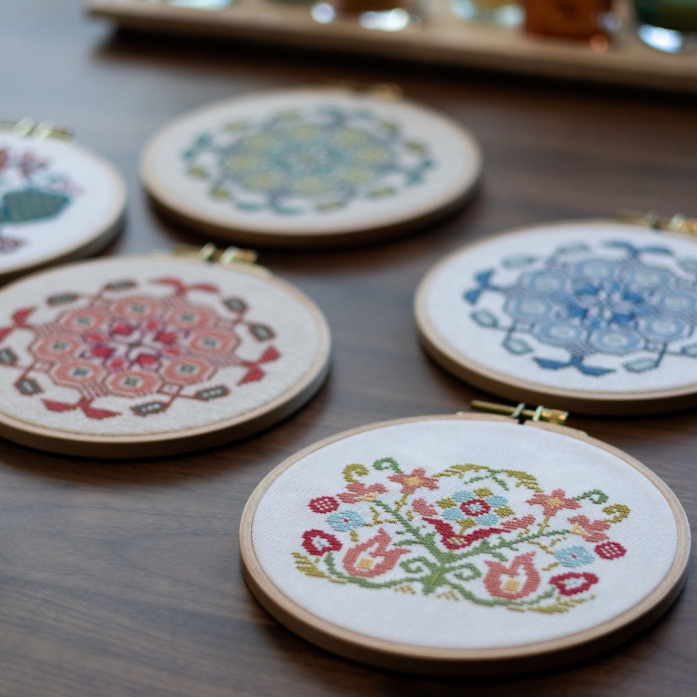 Mediterranean Medallion cross stitch hoop kit in three colors! - Kit from Avlea Folk Embroidery