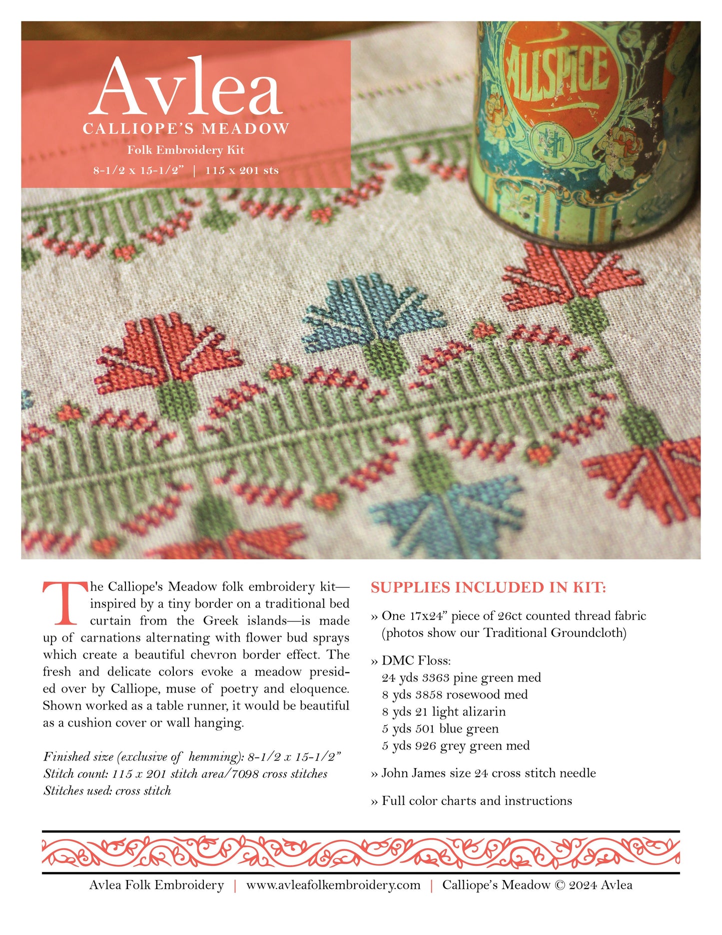 Calliope's Meadow cross stitch folk embroidery kit - Kit from Avlea Folk Embroidery