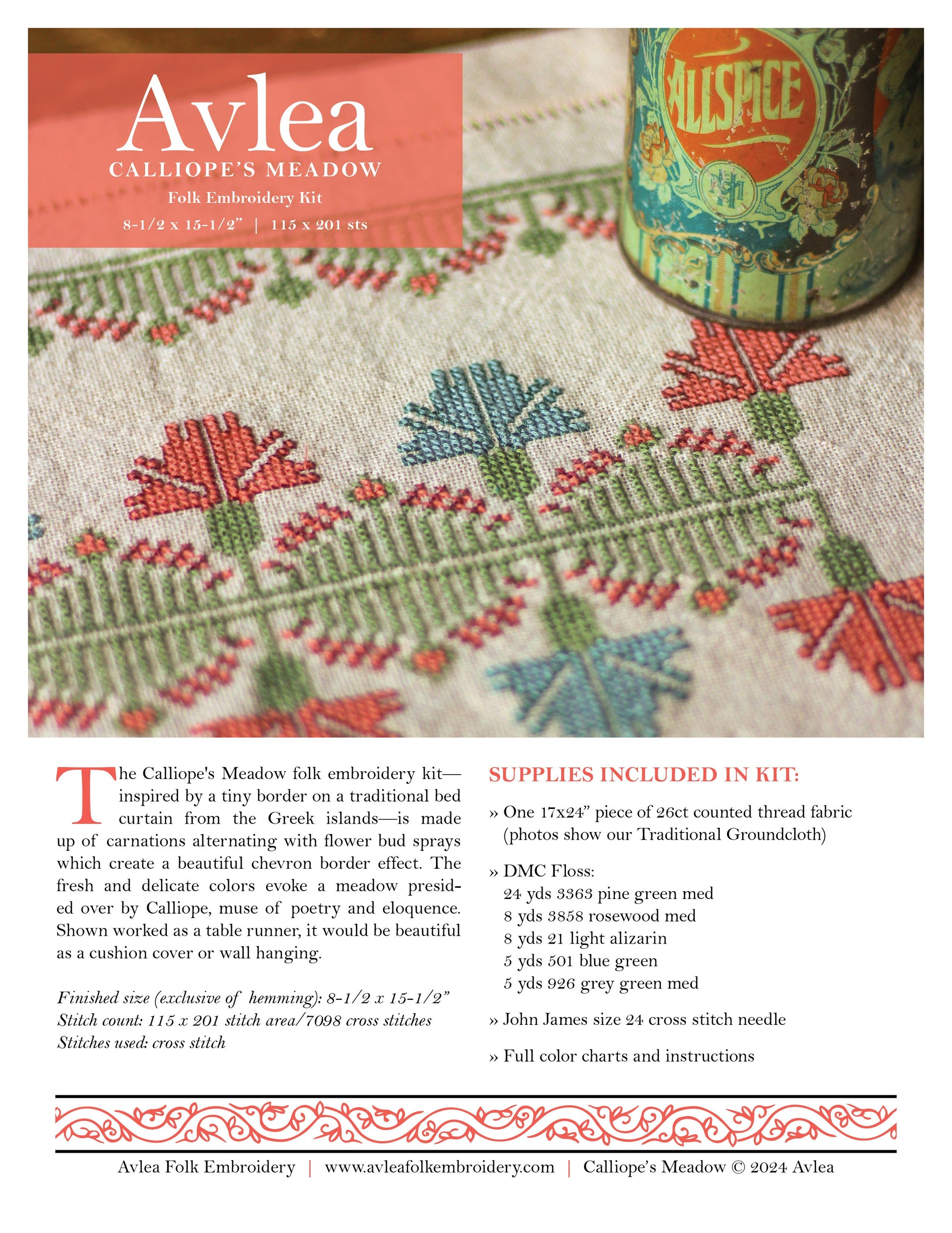 Calliope's Meadow cross stitch folk embroidery kit - Kit from Avlea Folk Embroidery