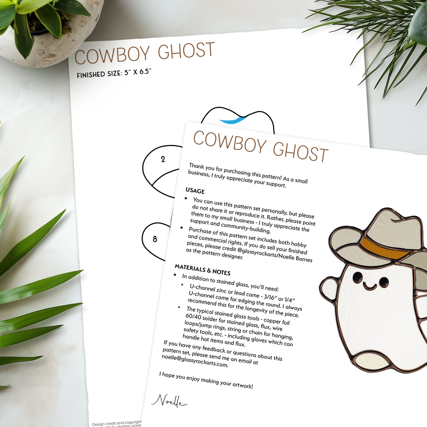 Cute Cowboy Ghost Stained Glass Pattern and PNG