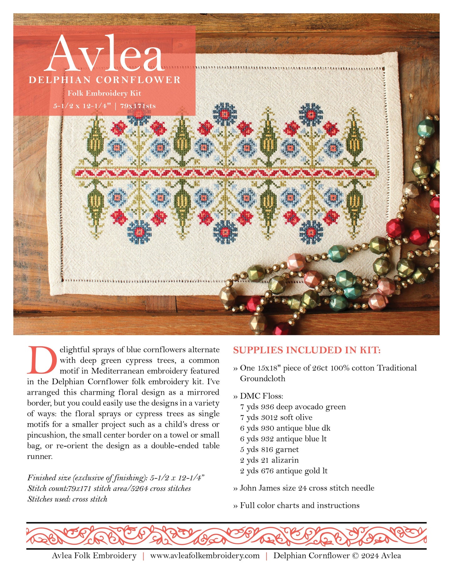 Delphian Cornflower cross stitch folk embroidery kit - Kit from Avlea Folk Embroidery