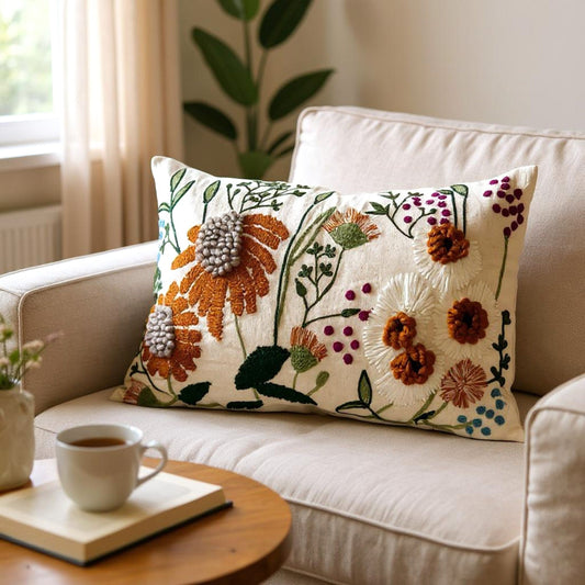 Neutral Floral Embroidered Oversized Boho Throw Pillow Cover Sham: Earthy tones Minimalist Scandi boho decor, lumbar cushion for bed 16"x24"