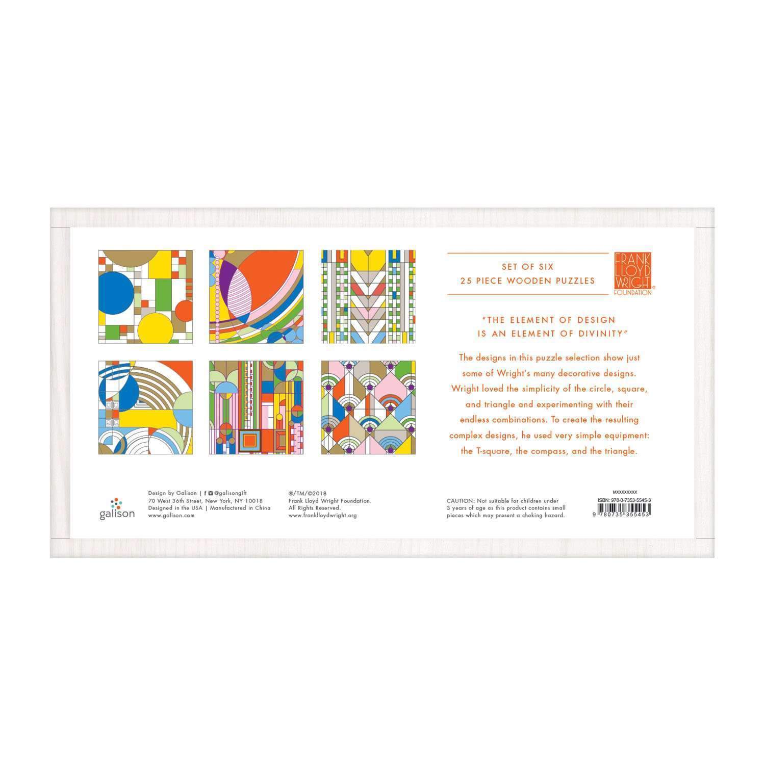 Frank Lloyd Wright Set of 6 25 Piece Wood Jigsaw Puzzle Galison - Jigsaw Puzzle from Puzzle Merchant