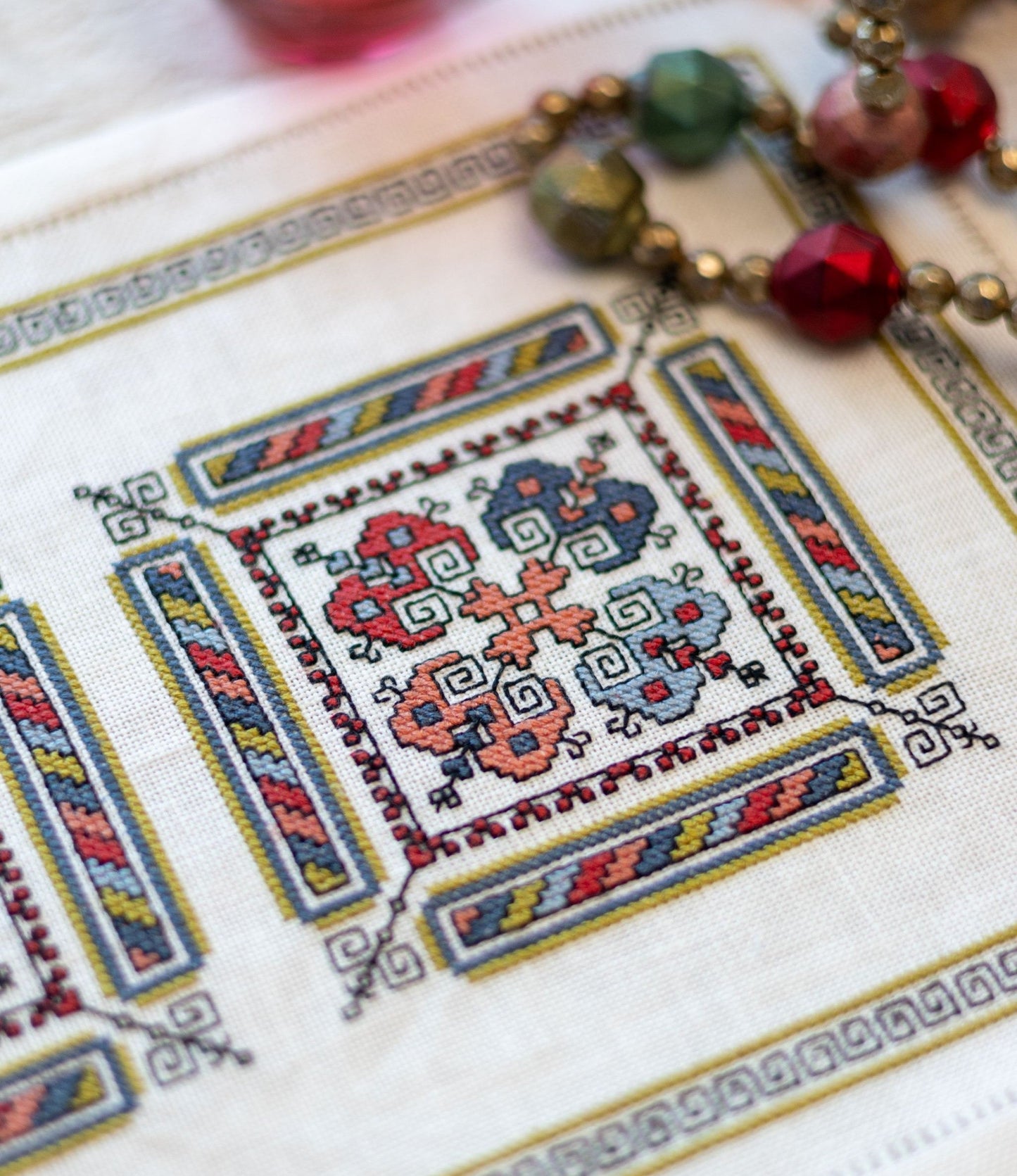 Kalamata Courtyard Table Runner cross stitch folk embroidery kit